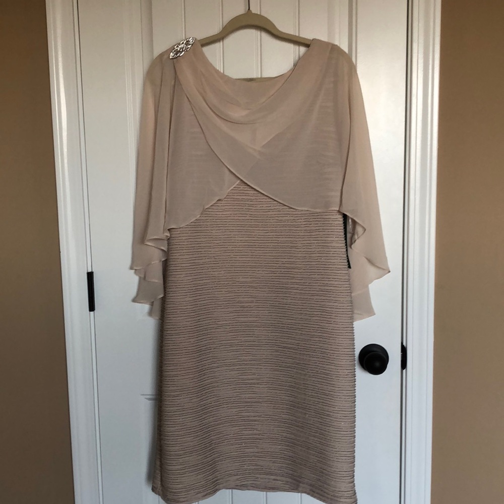 Scarlet sleeveless dress with attached shawl, champagne color with silver, sz 16
